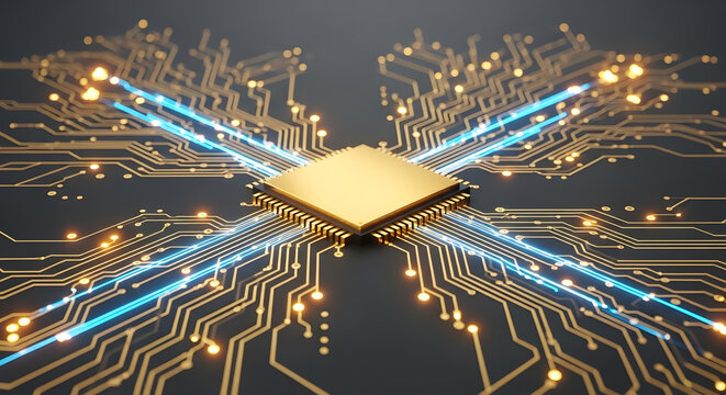 Golden CPU Microchip with Glowing Data Flow on Circuit Board - AI and Advanced Computing Concept