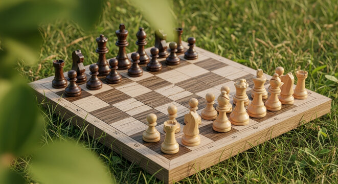 Chess pieces on a board on grass. A strategic game of wit and skill. Intellectual pursuit, strategic thinking, competitive spirit.