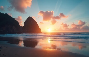 Sunset paints Piha beach in warm golden hues, reflecting on tranquil ocean waves. Majestic rock formations frame coastline under sky with soft, dreamy clouds. Serene landscape offers tranquil escape,