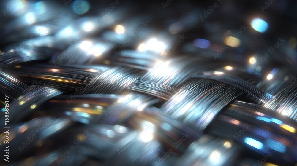Poster metallic fibers interweaving with intricate precision, radiating luminous reflections and capturing 