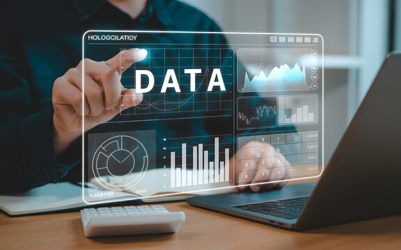 Person interacting with futuristic holographic data display showing charts and graphs data analysis