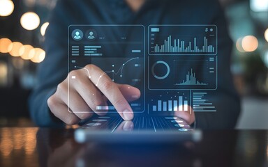 Person touching holographic screen with financial charts and data analytics finance