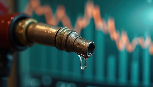 Close-up of fuel pump nozzle with dripping petrol. Blurred background shows declining graph indicating falling gas prices, market trends, energy industry economics. Focus on technology, efficiency,