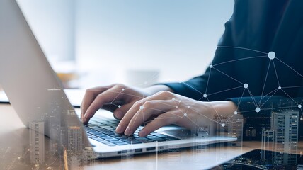 Person typing on laptop with city skyline overlay and network connections hands keyboard