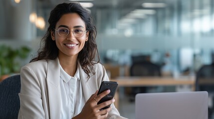 Young Indian business woman manager ceo using cell phone mobile app laptop. Smiling Latin Hispanic mature female businesswoman holding smartphone in office trading, reading, working online.