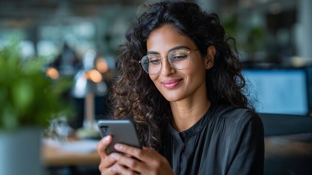 Young Indian business woman manager ceo using cell phone mobile app. Smiling Latin Hispanic mature female businesswoman holding smartphone in office trading, reading, working online.