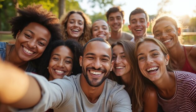 Diverse group of smiling young volunteers taking happy selfie after successful charity event. Friends enjoying teamwork, community engagement, collaboration. People share positive energy, bonding