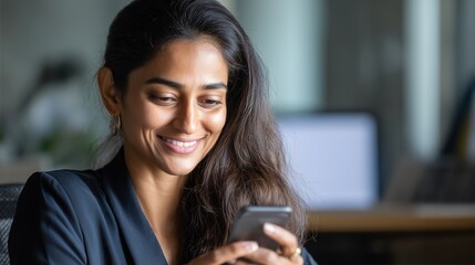 Young Indian business woman manager ceo using cell phone mobile app. Smiling Latin Hispanic mature female businesswoman holding smartphone in office trading, reading, working online.