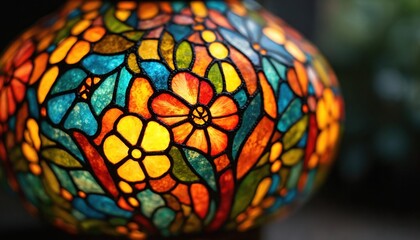 Intricate stained glass lamp with floral patterns in vibrant colors like blue, orange, and yellow. Features retro craft design, perfect for home decor, interior design, and ambient lighting.