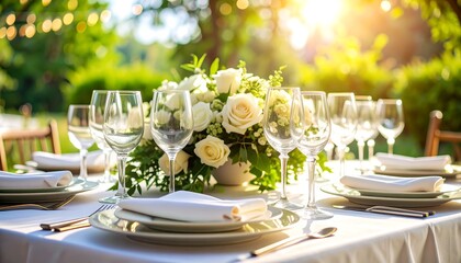 Outdoor dining table setting, bright sunlight