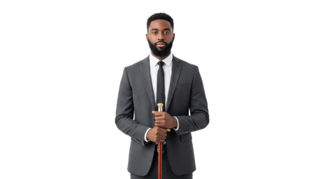A man in a suit holding a cane with a serious expression on a black and white gradient background - Powered by Adobe