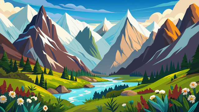 Ala-Archa National Park, Ch&uuml;y Region, Kyrgyzstan &ndash; Jagged white mountains contrast with alpine meadows. Flowing rivers and wildflowers add natural color, forming a classic mountainous vector ready for