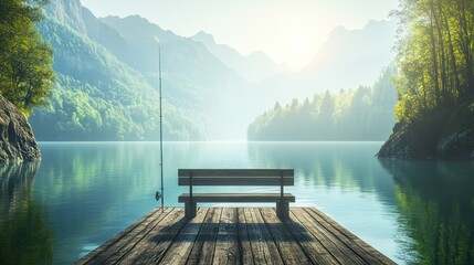 Naklejka premium Tranquil lake scene with wooden pier and bench