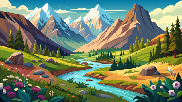 Ala-Archa National Park, Ch&uuml;y Region, Kyrgyzstan &ndash; Jagged white mountains contrast with alpine meadows. Flowing rivers and wildflowers add natural color, forming a classic mountainous vector ready for