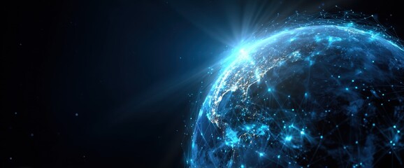Abstract digital planet Earth with blue glowing light connections and lines on a dark background, global network and connectivity concept, technology world wide web Generative AI