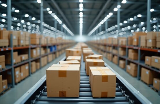 Automated warehouse conveyor system with numerous cardboard boxes ready for distribution. Rows of shelves stock products. Efficient logistics, supply chain integration, global supplier network,