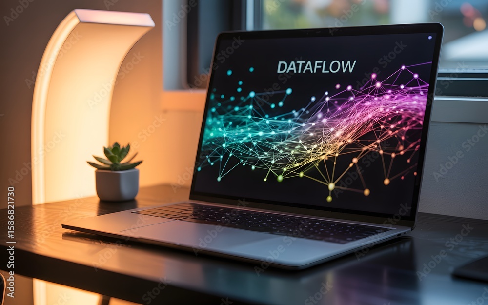 Fototapete silver laptop displaying colorful network graphic on desk with plant and lamp computer technology