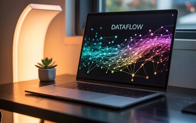 Silver laptop displaying colorful network graphic on desk with plant and lamp computer technology