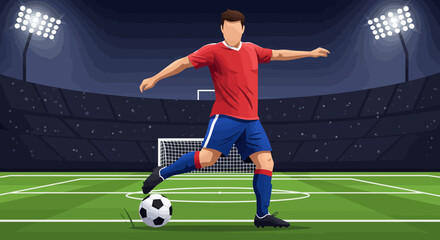 Soccer Player Kicking Ball in Stadium Vector Illustration Night Game.