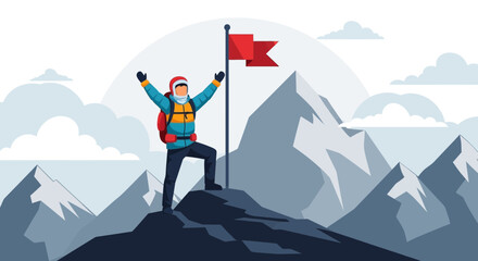 Successful Climber Reaching Mountain Top with Flag And Celebrating Achievement