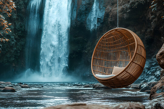 a chair that is sitting in front of a waterfall - Powered by Adobe