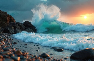 Turquoise wave crests and crashes onto a pebble beach at sunset. Rocky shoreline frames the serene ocean scene. Gentle sea foam washes over smooth stones, reflecting the warm evening light.