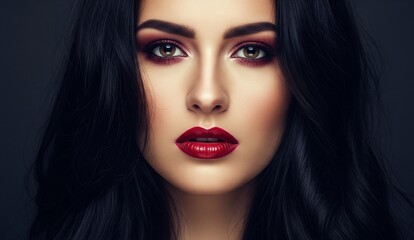 Fototapeta premium Striking portrait of a beautiful brunette woman with long black hair, featuring vibrant maroon eye makeup and bold cherry-red lipstick.
