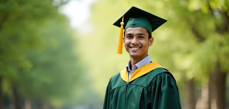 Young Hindu man smiles, wearing green graduation cap, robe outdoors. Excited, happy, proud of academic achievement, degree. Portrait captures success, joy of graduating from college university campus.