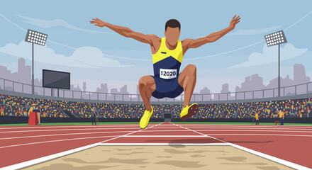 Long Jumper in Mid-Air at Stadium Vector Illustration.