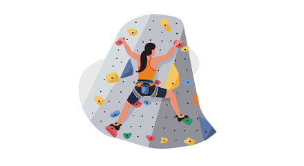 Vector Illustration of Female Rock Climber on Climbing Wall.