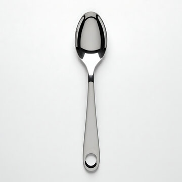 A shiny, polished stainless steel tablespoon, presented face up and vertically centered on a clean white background, showcasing its sleek design.
