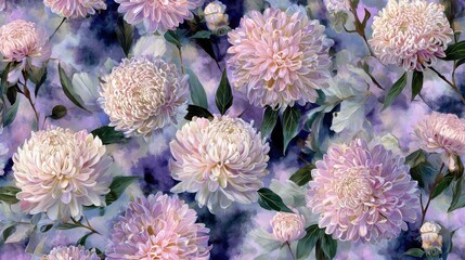 Delicate Floral Pattern of Lilac Chrysanthemums on Artistic Background