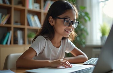 Young Indian girl smiles studying at laptop. Student uses computer for e-learning and online education at home. Concept of digital learning, virtual classroom, remote study.