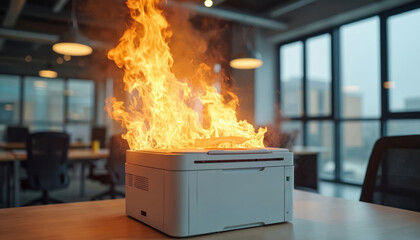 Office printer ignites in flames. Smoke billows from burning device in modern workspace. Safety awareness concept related to office fires, electrical hazards, and emergency response.