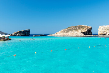 The stunning Blue Lagoon of Comino, with its crystal-clear sea and astonishing colors. Malta
