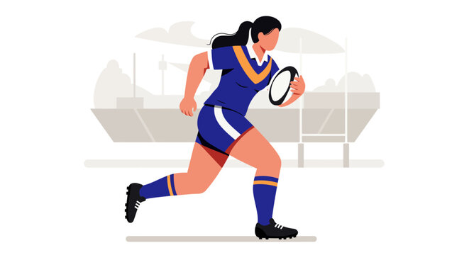 Dynamic Rugby Player Illustration: Blue and Gold Uniform Stadium Backdrop.