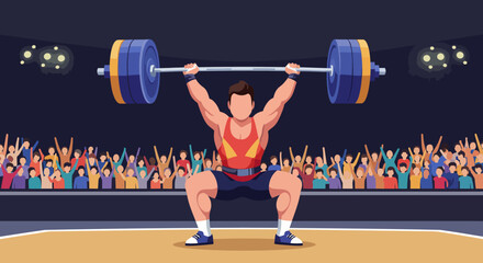 Weightlifters Triumph: Vector Illustration of Strength Crowd and Spotlight.