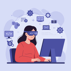  The scene is set against a backdrop of floating data visualizations, including graphs, maps, and digital projections, highlighting the intersection of VR, technology, and digital learning.