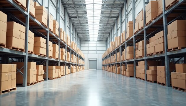 Modern warehouse interior filled with shelves of boxed goods, concrete floor, high ceiling. Distribution center, key part of storage, shipping systems, features numerous package boxes on racks,