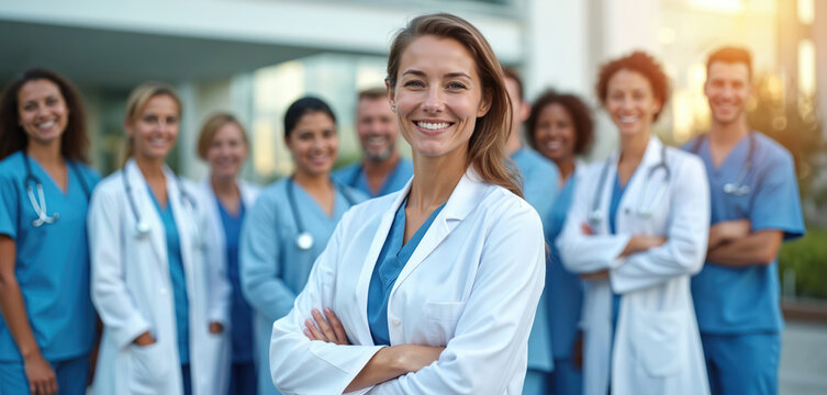 Diverse medical team stands together, smiling confidently outside clinic. Group includes doctors, nurses with stethoscopes, embodying teamwork, leadership, dedication to healthcare. Professionals - Powered by Adobe