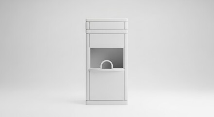 A minimalist, isolated, white ticket booth with a small service window.