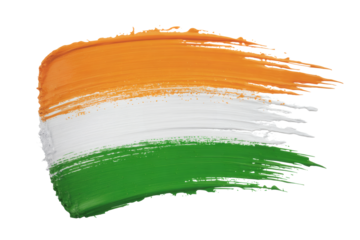 A vibrant brushstroke displays the Indian flag colors with orange, white, and green paint on a clean transparent background, perfect for patriotic designs.