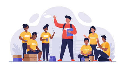 A group of diverse people are gathered in a circle, each engaged in different activities, such as working on laptops or holding mobile devices.