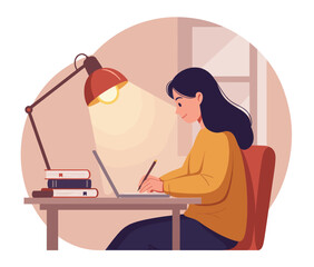 A woman is focused on writing in a notebook, sitting at a desk under a desk lamp. The warm light creates a cozy atmosphere, emphasizing productivity and concentration.