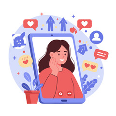 A person is seated with a thoughtful expression, surrounded by various digital icons such as hearts, music, and messages.