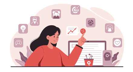 It symbolizes the contemplation and engagement with modern technology, social media, and personal interests.