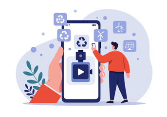 A hand is holding a smartphone displaying a digital profile, surrounded by icons representing various functions such as messaging, health, and personal information.