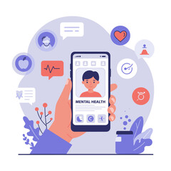 A hand is holding a smartphone displaying a digital profile, surrounded by icons representing various functions such as messaging, health, and personal information.
