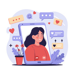 A person is seated with a thoughtful expression, surrounded by various digital icons such as hearts, music, and messages.