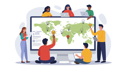 A diverse group of people, each with laptops or notebooks, is gathered around a large digital world map displayed on a screen.
